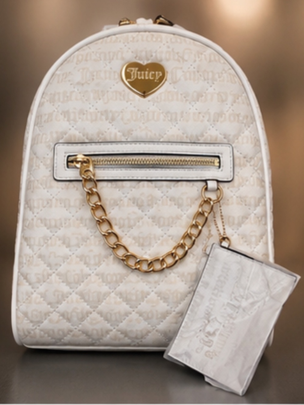 Juicy Couture White Tonal Monogram Quilted Mini Backpack NWT Chain Charm